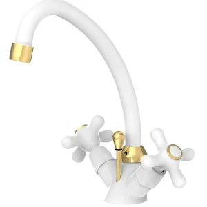 Acero Inoxidable 304 Monoforo lavabo con canna orientabile e scarico automatico Paffoni serie Iris - Bianco/Gold