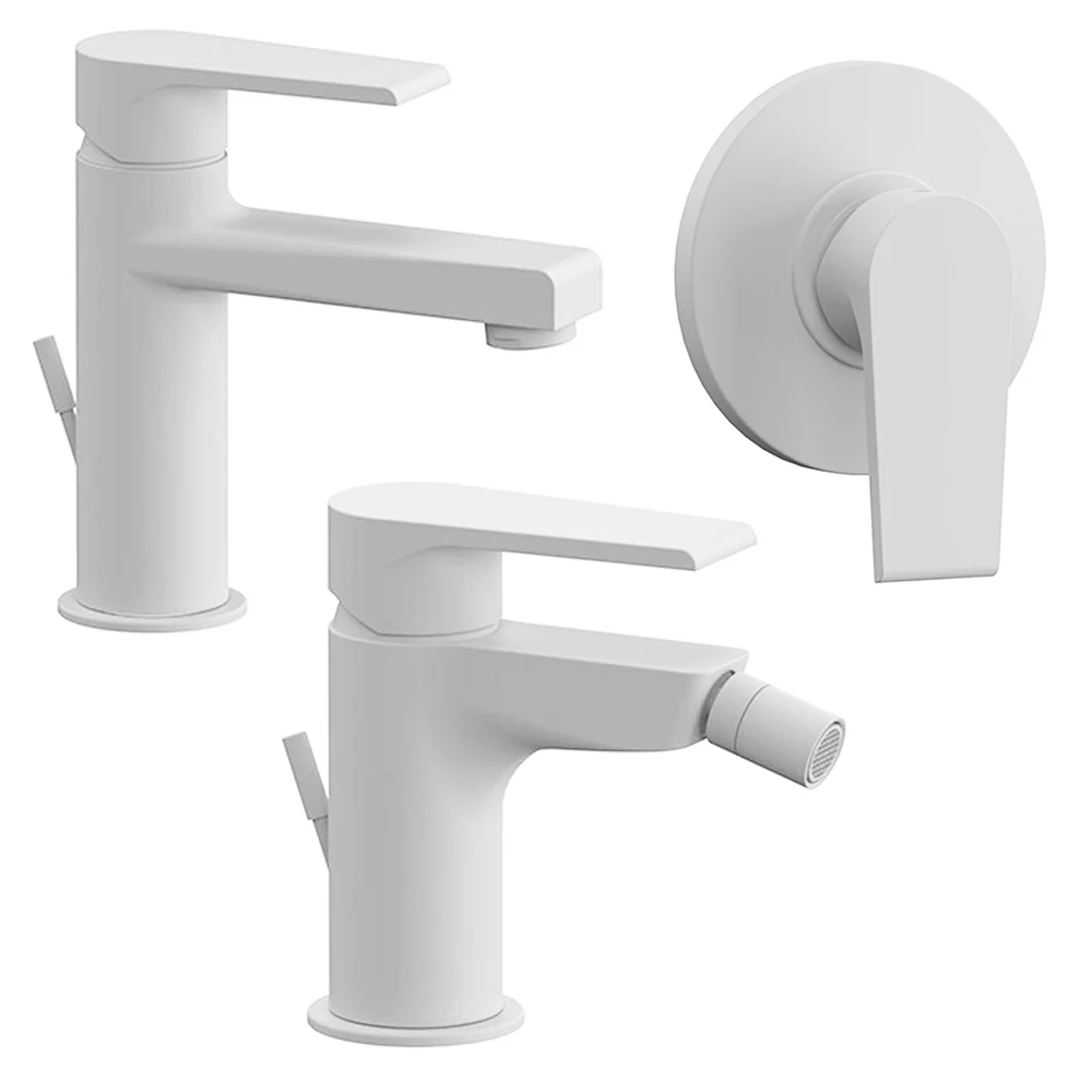 Kit miscelatori lavabo, bidet e doccia Rubinetterie Mariani linea Artic Bianco Opaco con scarico