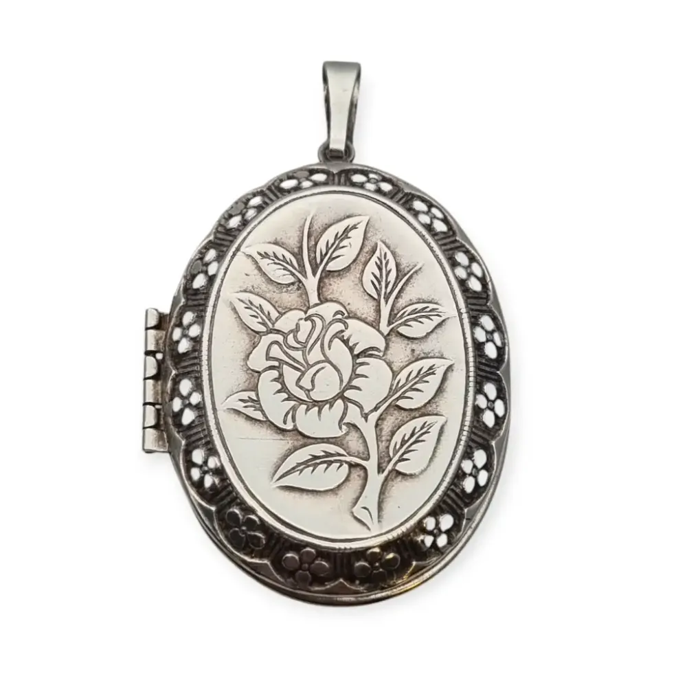 Relicario - Guardapelo Ovalado de Plata 925 con Grabado Floral, ños 80-90.