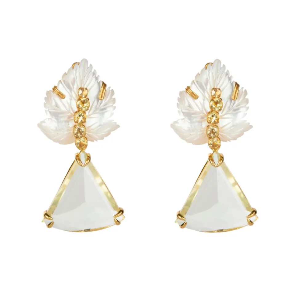 EARRINGS MOTHER PEARL LEAF LEMON QUARTZ CENTER AND TRLLION DROP