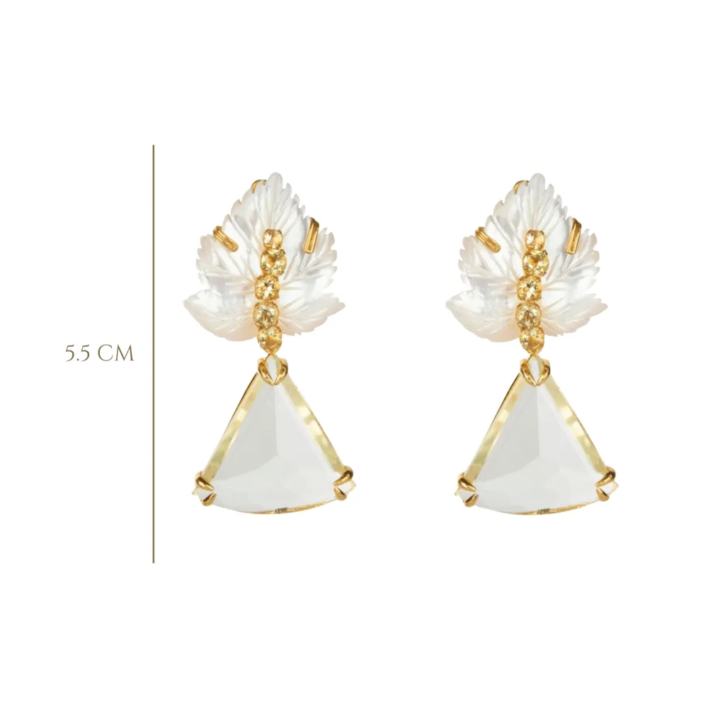EARRINGS MOTHER PEARL LEAF LEMON QUARTZ CENTER AND TRLLION DROP