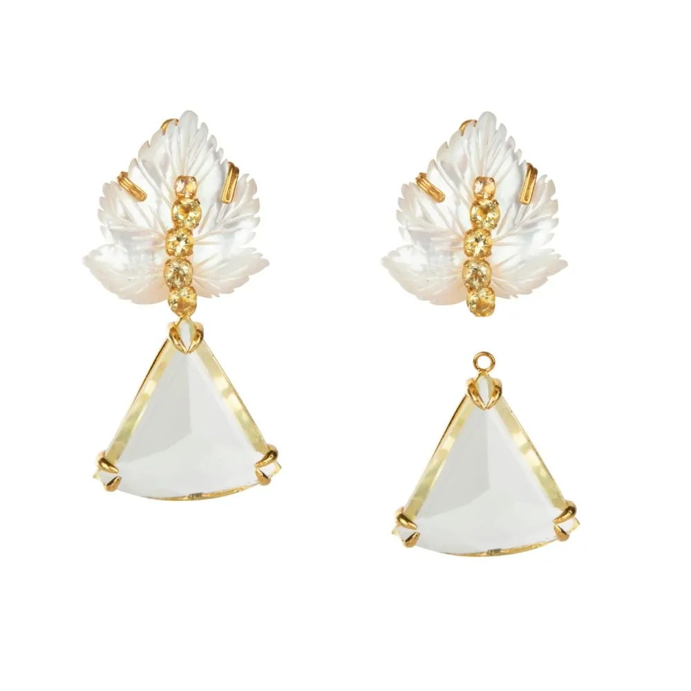 EARRINGS MOTHER PEARL LEAF LEMON QUARTZ CENTER AND TRLLION DROP