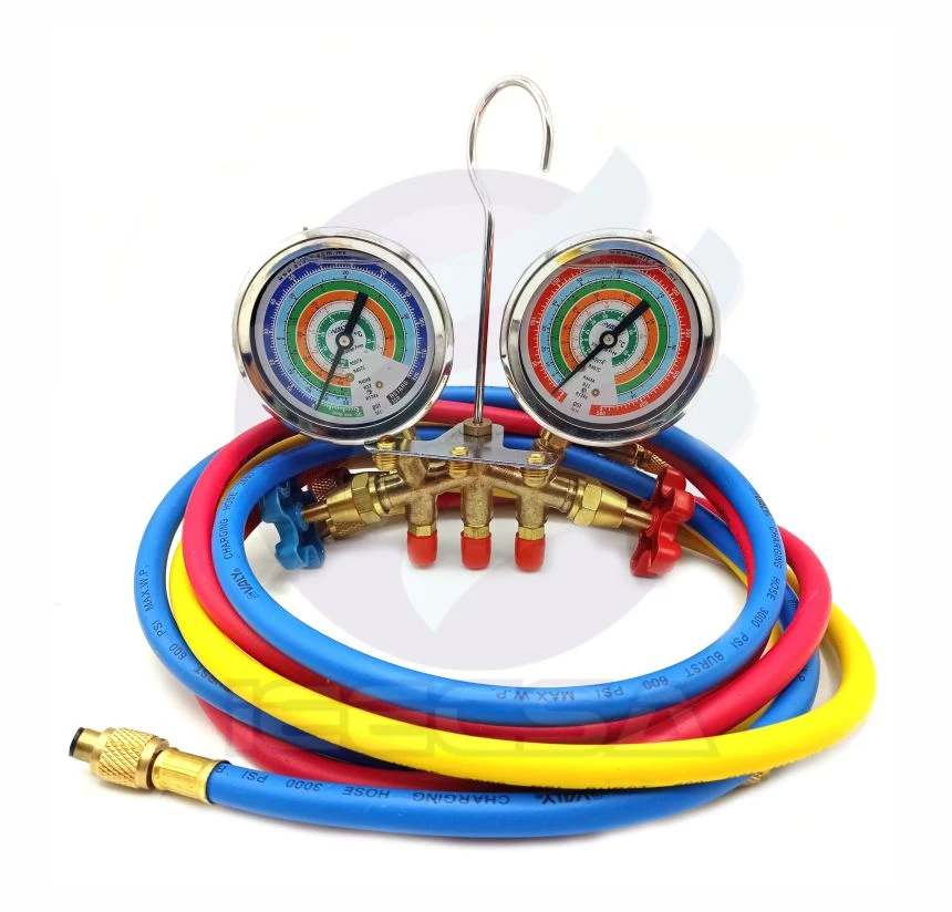 MANIFOLD DE SERVICIO ANGULAR DE GLICERINA, R410a, R22, R404a, R507 CON MANGUERAS DE 36", 800 PSI