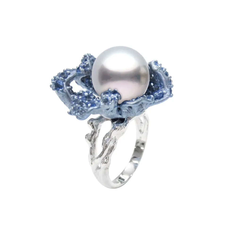 925SL FLOWER AZUL PAVE CENTER PEARL AND TOPAZ BLUE CZ RING T7