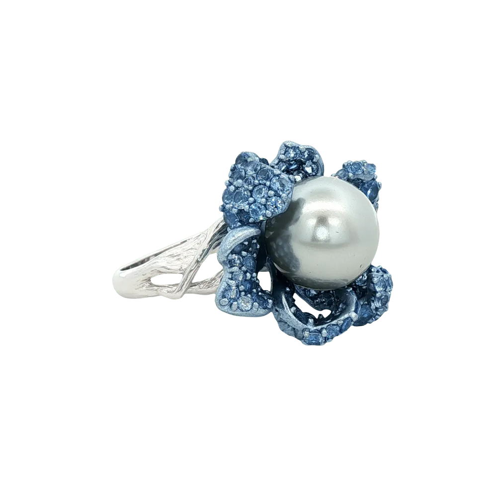 925SL FLOWER AZUL PAVE CENTER PEARL AND TOPAZ BLUE CZ RING T7