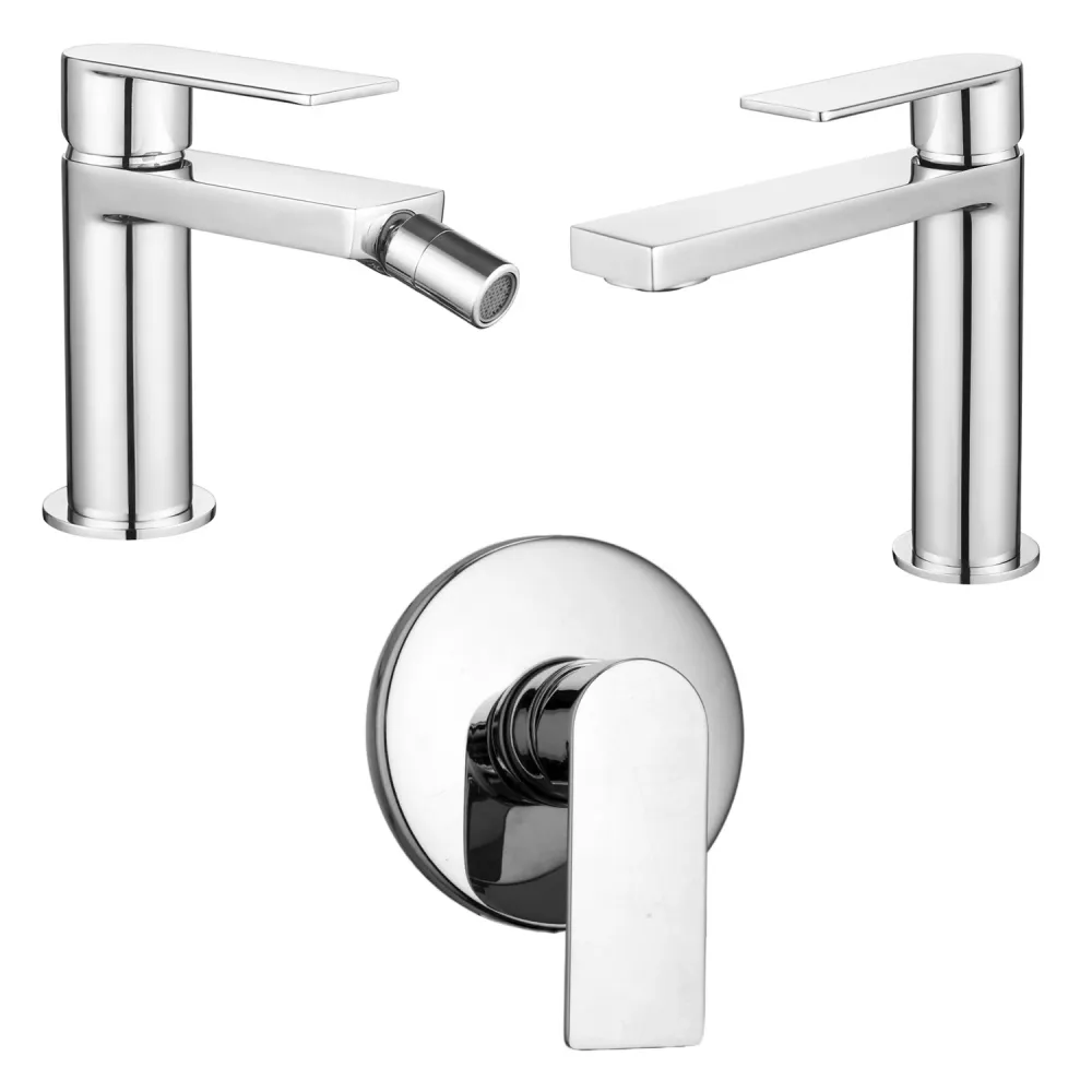 Composizione di miscelatori per lavabo, bidet e doccia una via tondo Ottomix ottone cromato