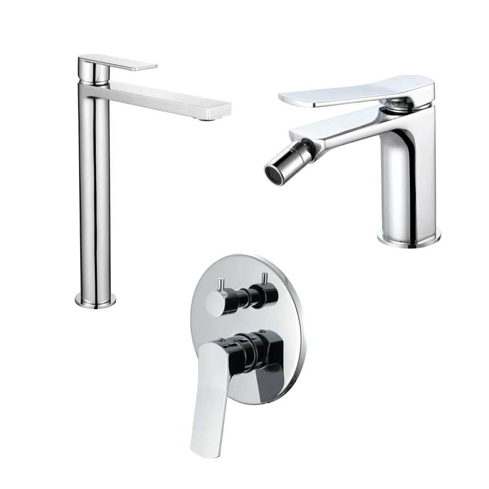 Composizione di miscelatori per lavabo elevado, bidet e doccia due vie tondo ottone cromato Lumix