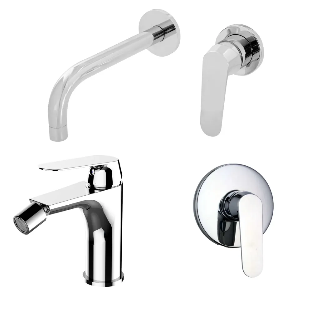 Composizione di miscelatori per lavabo incasso, bidet e doccia una via Echo ottone cromato