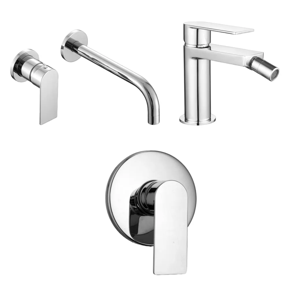 Composizione di miscelatori per lavabo incasso, bidet e doccia una via tondo Ottomix cromato