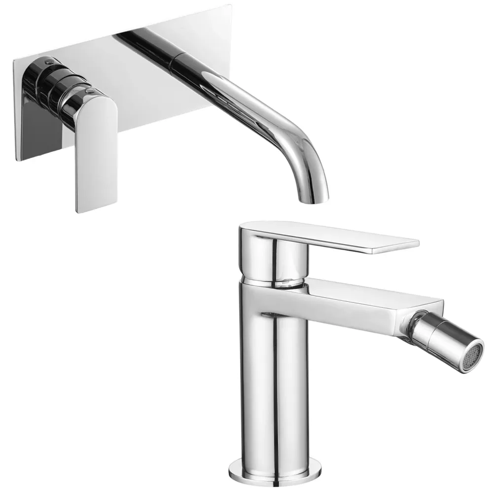 Coppia di miscelatori per lavabo incasso con práctico box e bidet serie Ottomix ottone cromato