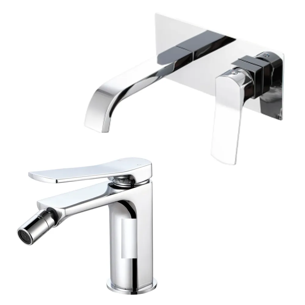 Coppia di miscelatori per lavabo incasso squadrato con práctico box e bidet serie Lumix ottone cromato
