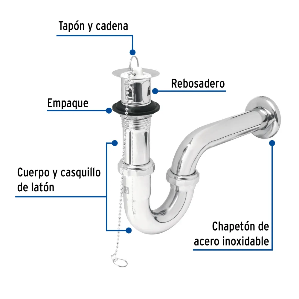 Céspol p/lavabo latón c/contra, tapón y cadena, cromo,1-1/4" FOSET CE-207
