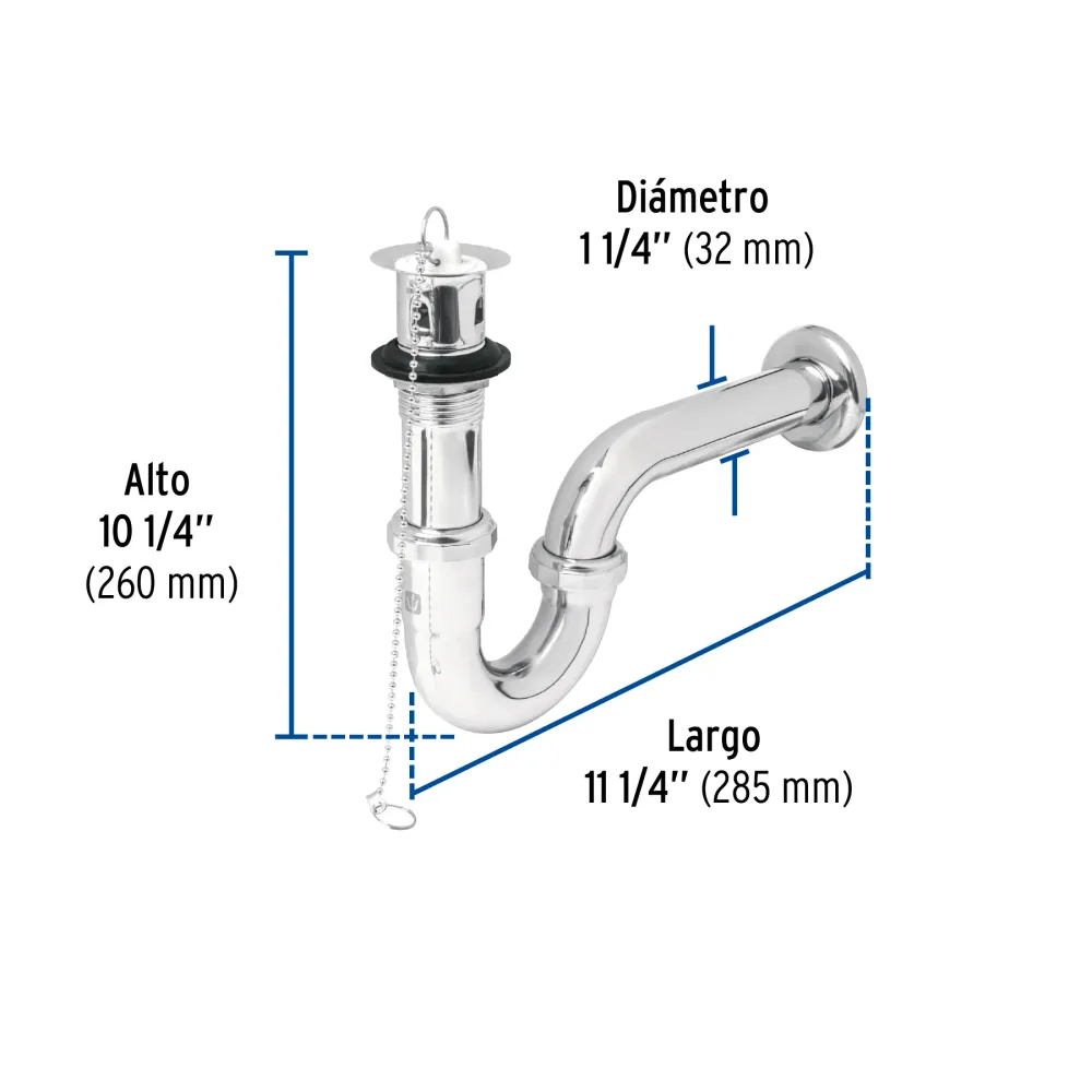 Céspol p/lavabo latón c/contra, tapón y cadena, cromo,1-1/4" FOSET CE-207