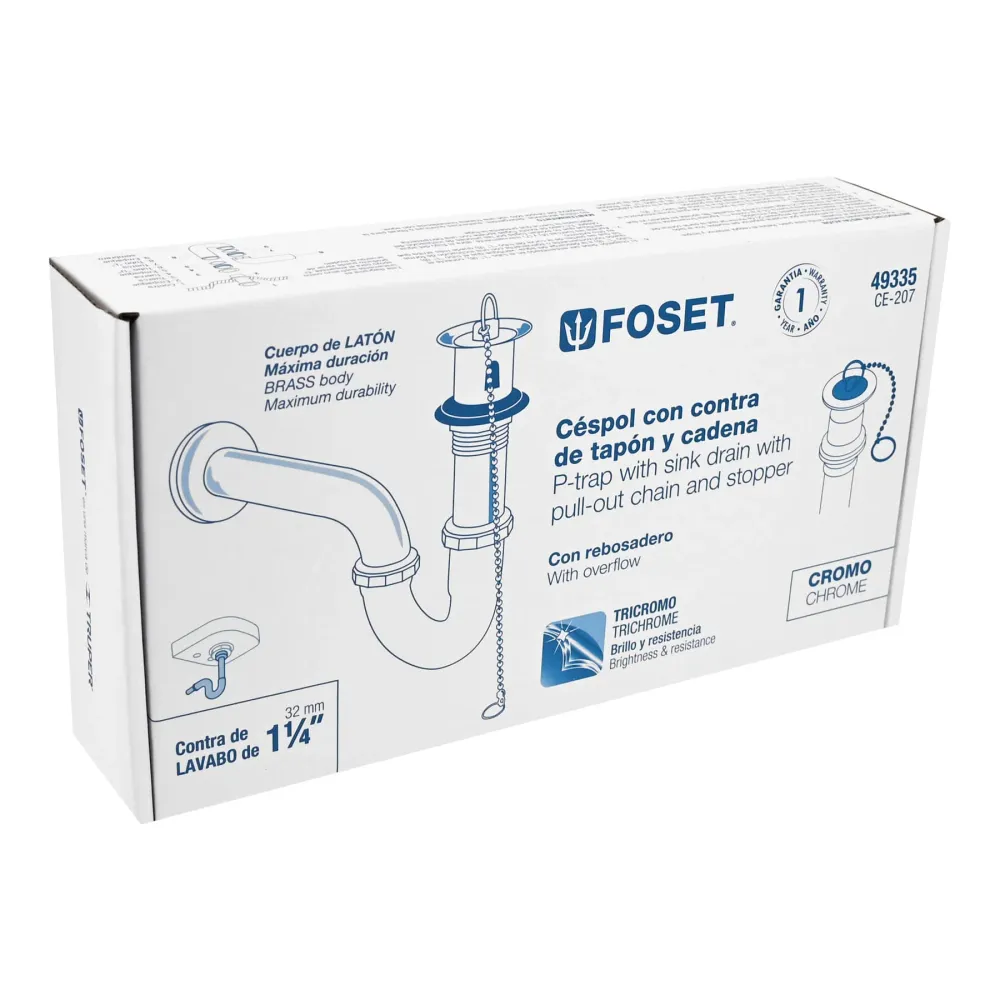 Céspol p/lavabo latón c/contra, tapón y cadena, cromo,1-1/4" FOSET CE-207