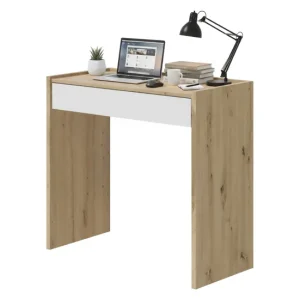 Ddepaol Escritorio, Escritorio lineal con cajón, Mesa de estudio u oficina para PC, 82x40h77 cm, Roble anudado y Blanco