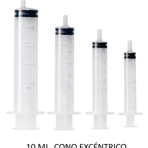 Jeringa Luer, 3 Partes, Plástico, Estéril, Sin Aguja, Centesimal 10 ml. Cono Excéntrico
