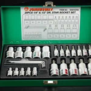 JUEGO DE CUBOS TORX MACHO + HEMBRA ESPIGA 1/4" Y ESPIGA 1/2" 25 PIEZAS