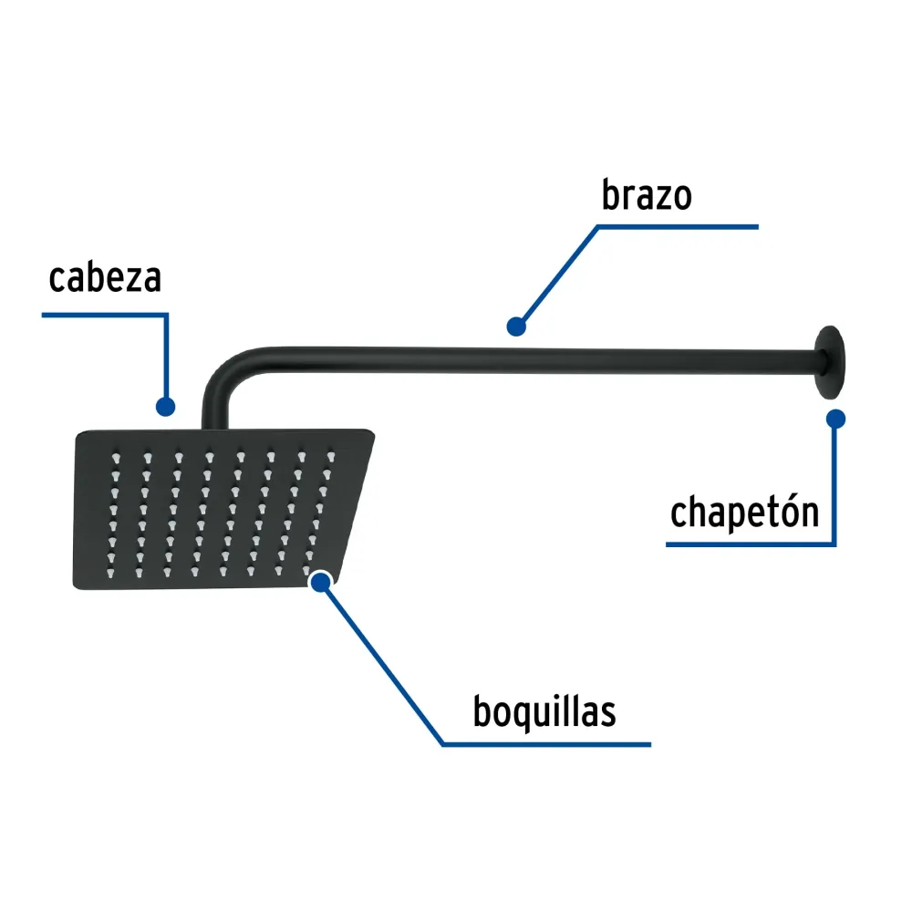 Regadera cuadrada 8', acero inox, con brazo, negro, Túbig