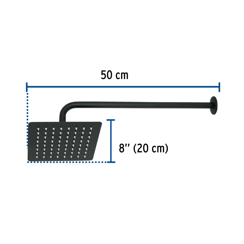 Regadera cuadrada 8', acero inox, con brazo, negro, Túbig