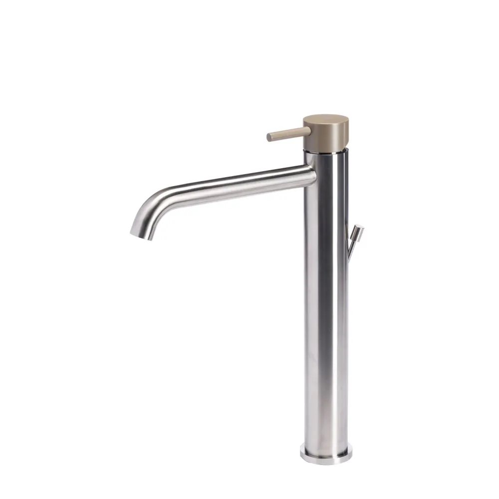 Rubinetto miscelatore Lavabo Largo con scarico acciaio inox Finitura Spazzolata con Maniglia color Deserto Tubico Colorado