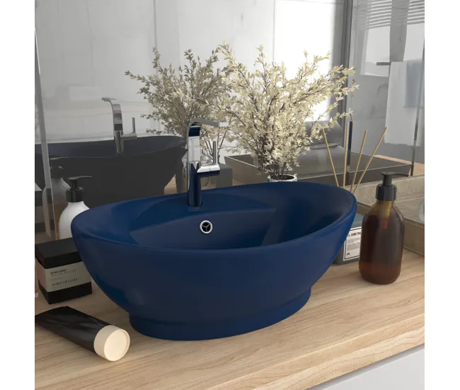vidaXL Lavabo lujoso ovalado rebosadero cerámica marrón tenebroso mate