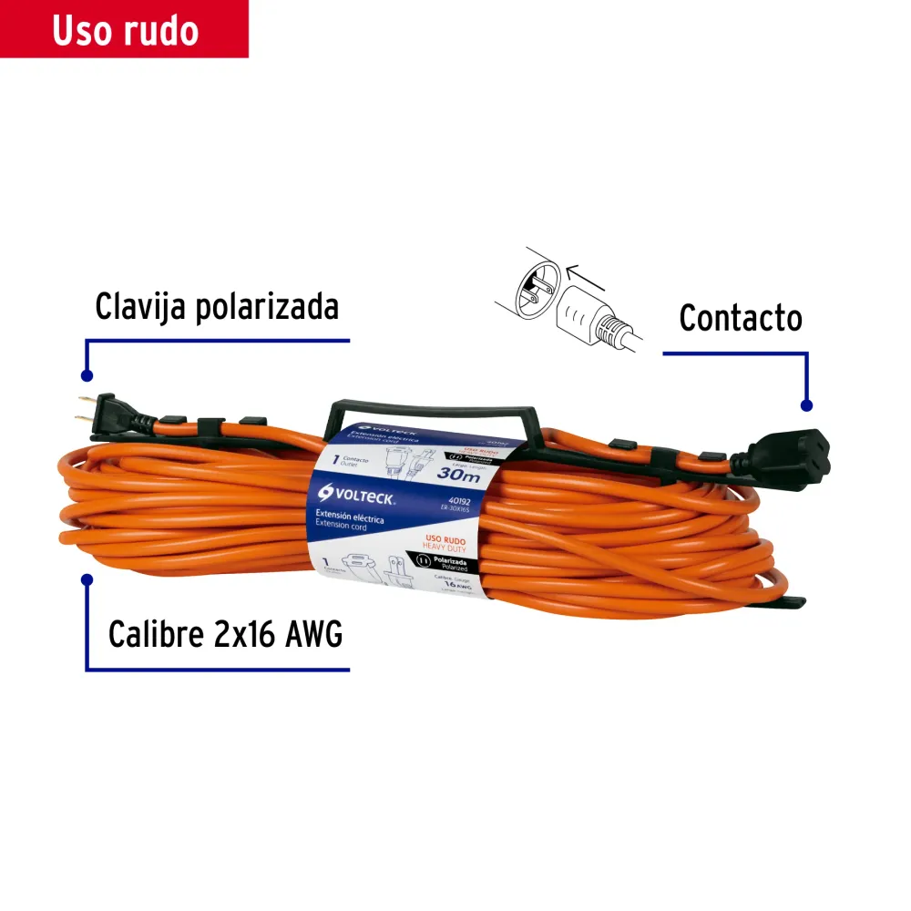 EXTENSISN ELICTRICA USO RUDO 30 M 2X16 AWG PARA 1 CLAVIJA con Resina Epóxica