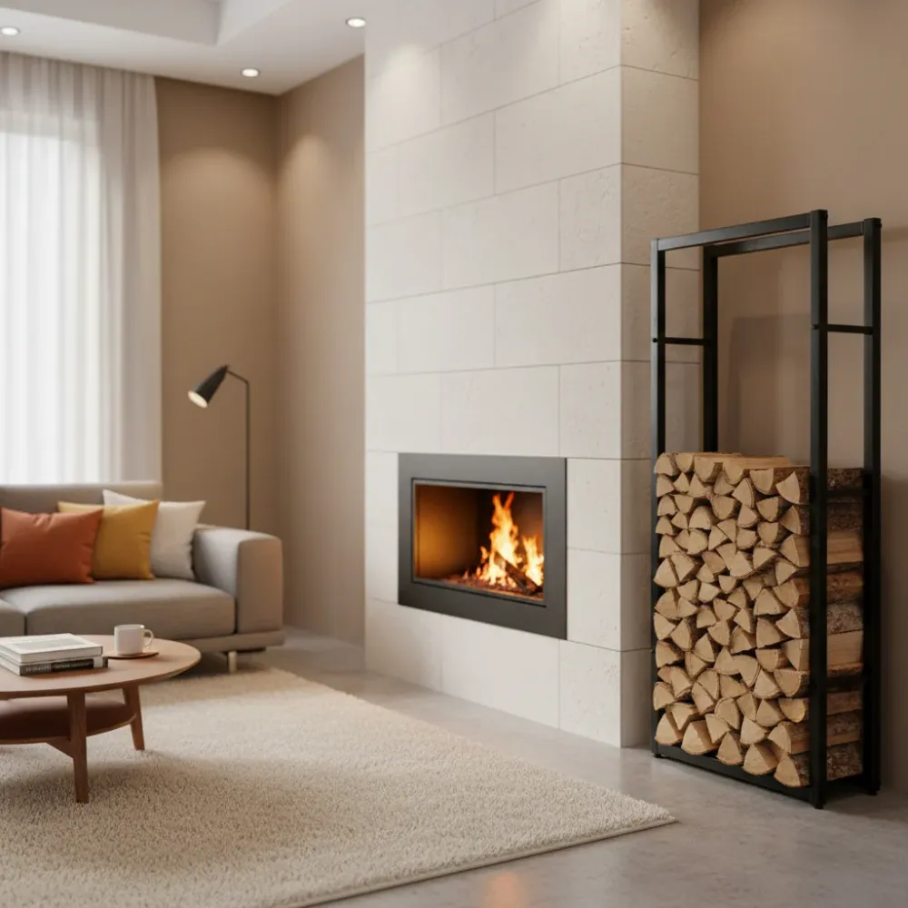 Range-bûches en acier noir 150×25×80 cm – Grand support bois robuste, haute capacité