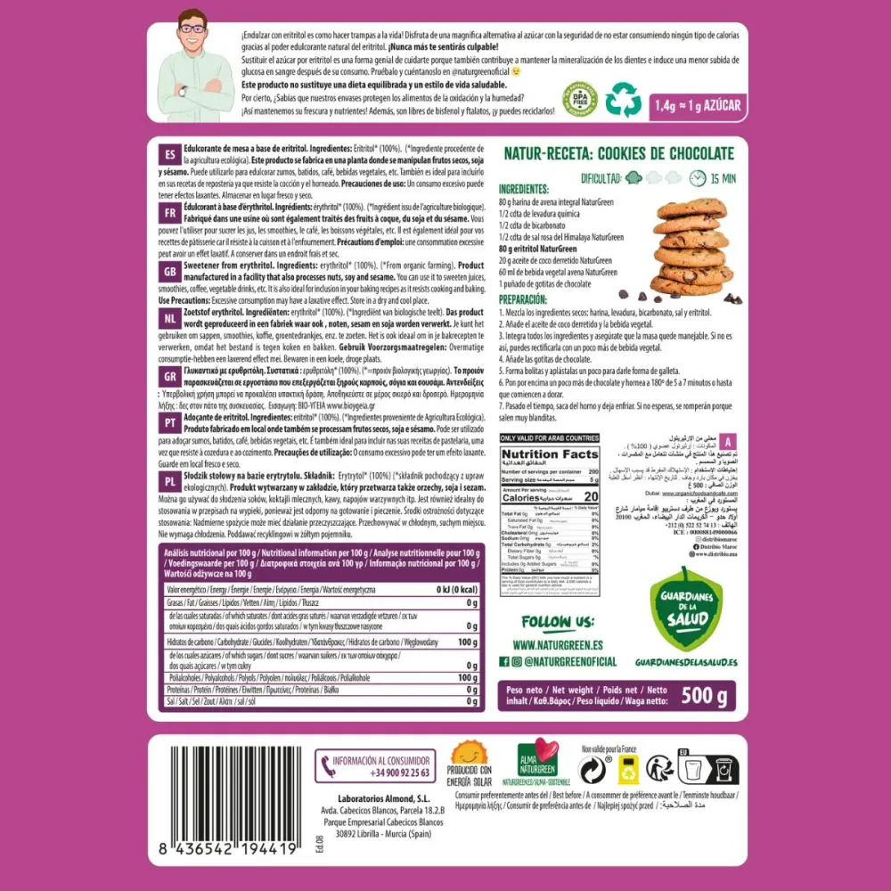 Eritritol Ecológico Naturgreen 500 g con 4 Tornillos Incluidos