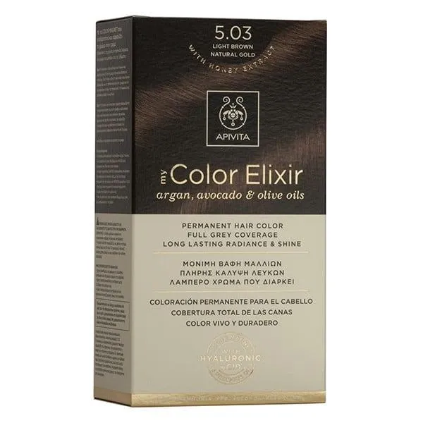 Tinte My Color Elixir N5.03 Castaño Claro Sin procesar Dorado Apivita con Resorte de Cierre Automático