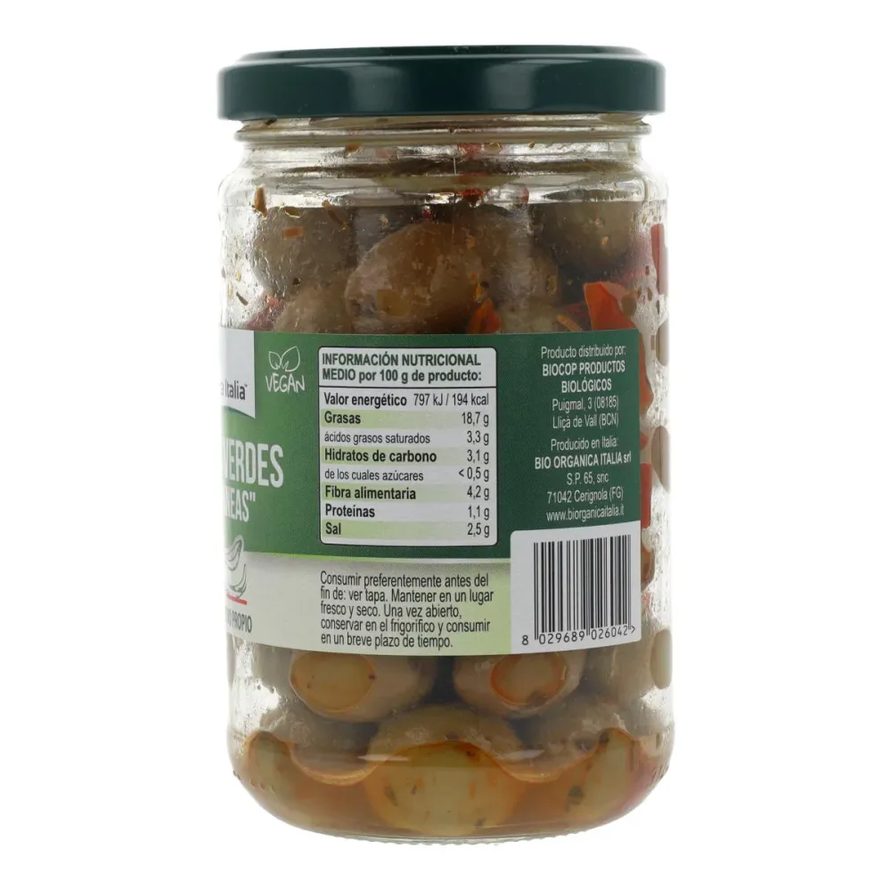 Aceitunas Verdes con aliño mediterráneo Bio Organica Italia 180 gr para Puertas de Exterior