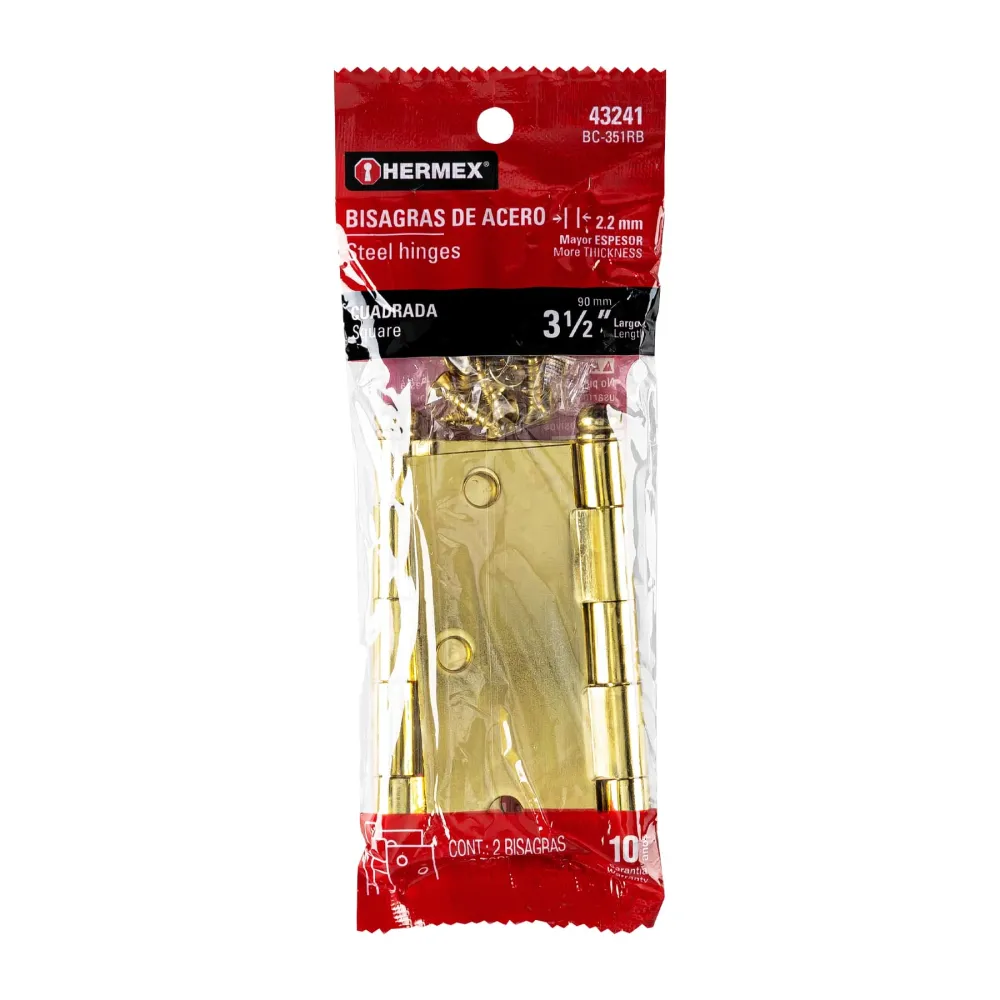 Bisagras cuadradas 3-1/2", acero latonado, redonda,blíster 2 para Puertas de Gabinete