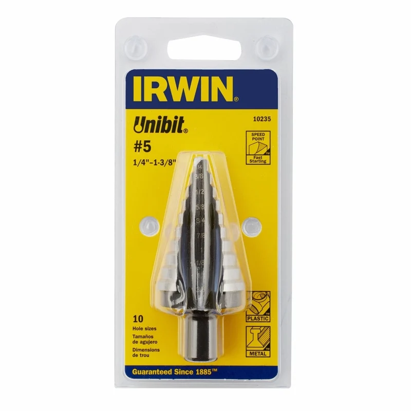 Broca escalonada de acero de alta velocidad Irwin Unibit de 1/4 1-3/8 pulg. x 6 pulg. de largo, vástago hexagonal, 1 pieza...