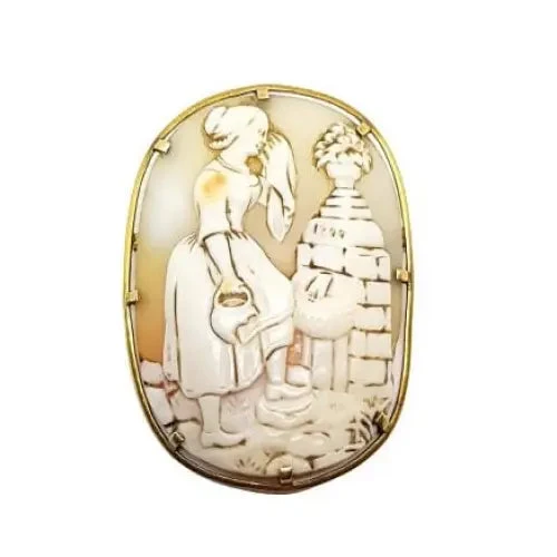 Raro broche de camafeo victoriano tallado en oro de 18k, escena inusual.