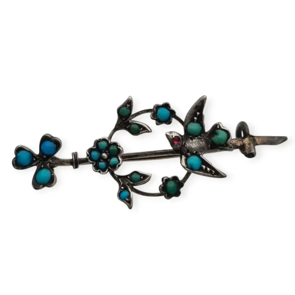 Broche victoriano de plata con pájaro y flor, pieza sentimental de joyerí, 1890. para Cinturones y Arnés