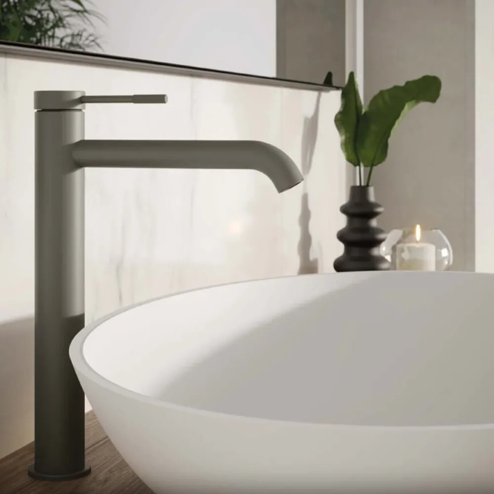 Miscelatore lavabo monocomando grande RubiFlux York Mud con piletta di scarico click-clack - Grigio Fango