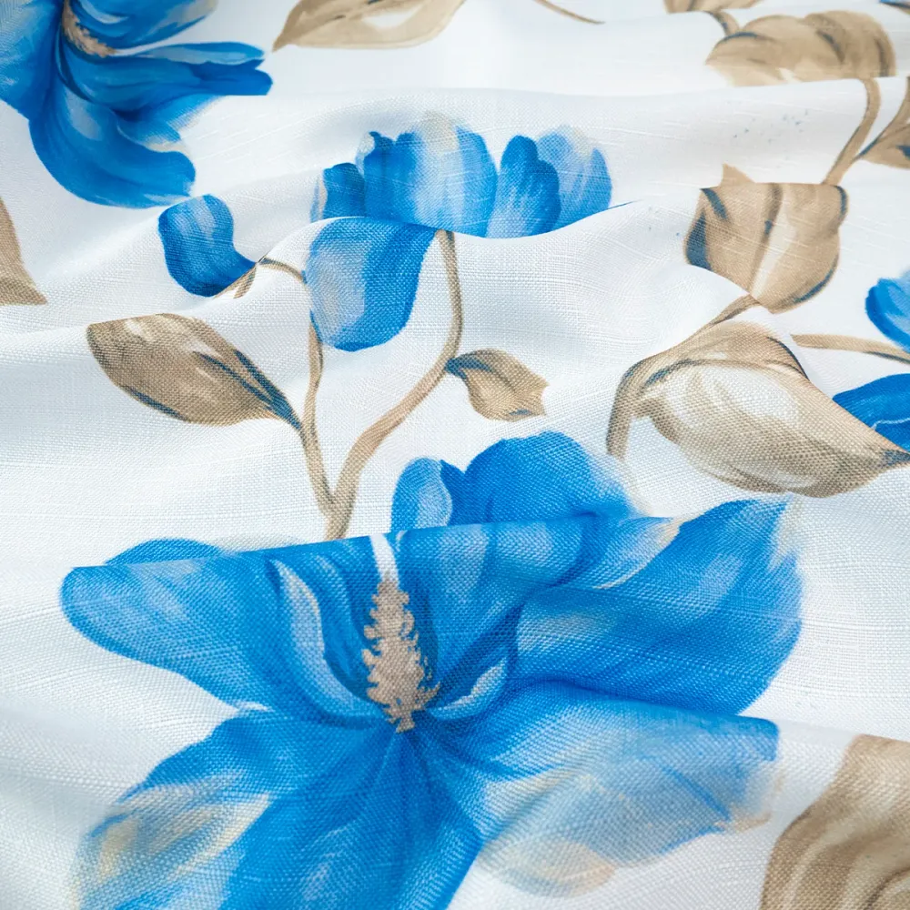 GROSS LINO ESTAMPADO BLANCO RESPLANDECIENTE CON FLORES AZULES