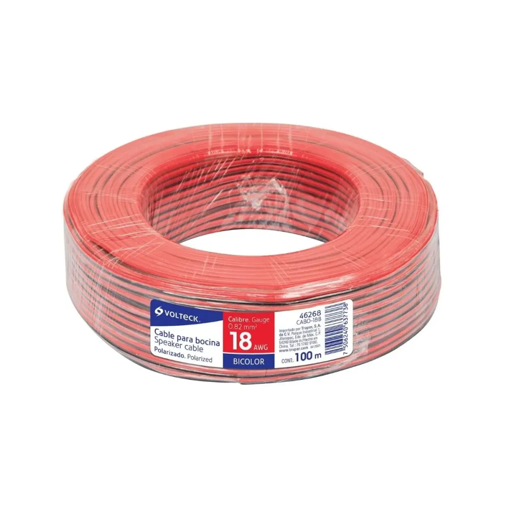 Cable polarizado bicolor para bocina 18 awg 100 m volteck 46268 con Contactos Bañados en Oro