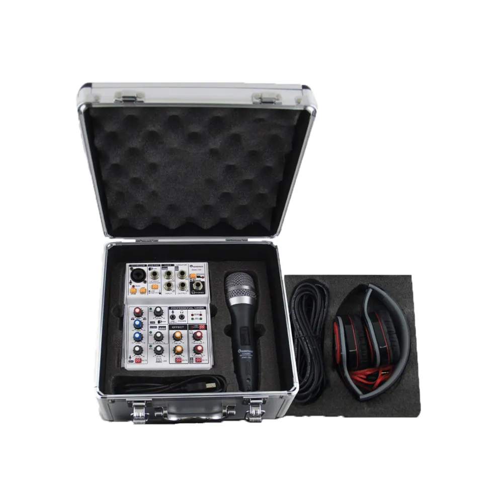 KIT DE GRABACIÓN, OFRECE: MEZCLADORA 4 CANALES (1 DIRECTOS, 3 COMPARTIDOS), INTERFAZ, AUDÍFONO, MICRÓFONO y CABLES SOUNDTR...