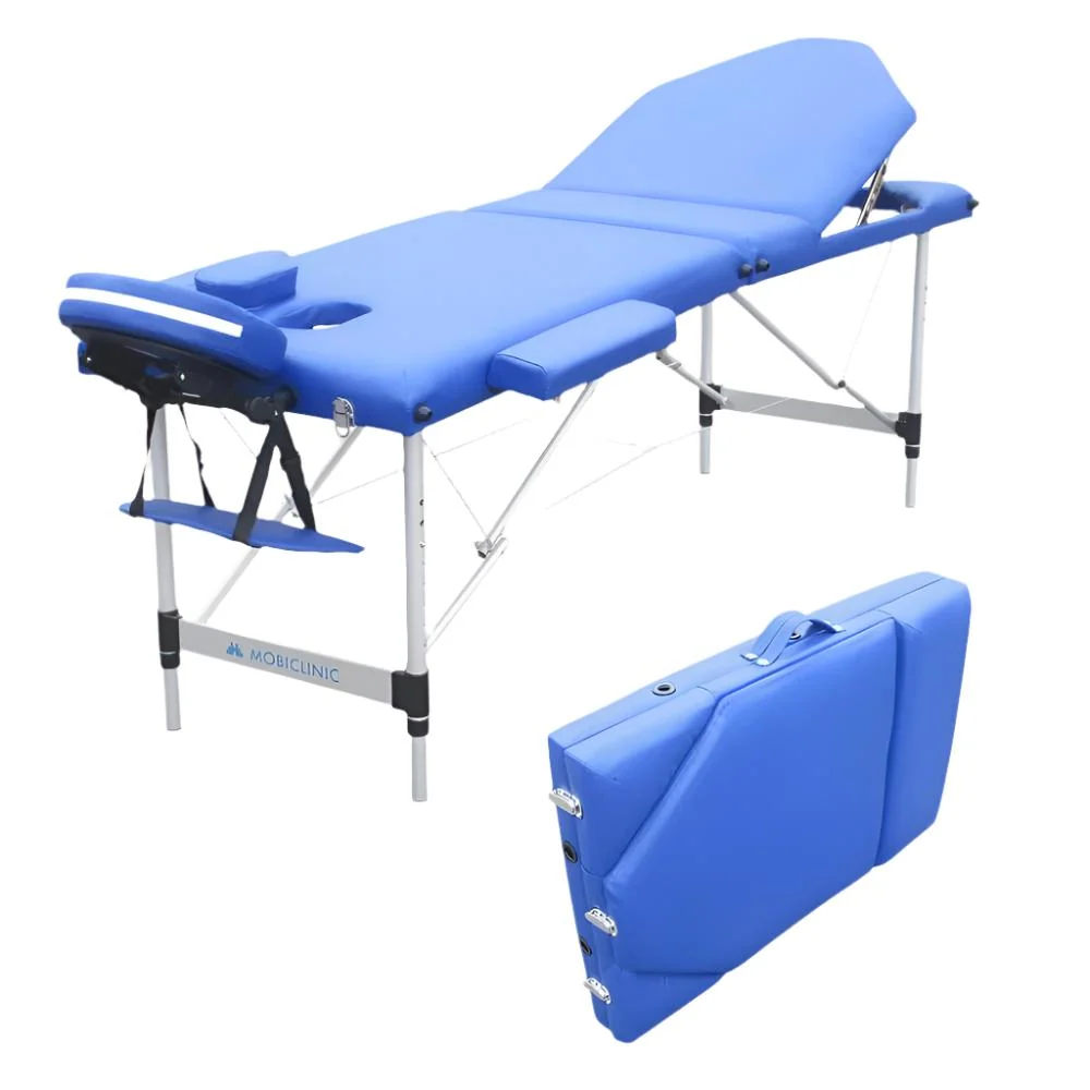 Cama Clínica Camilla plegable| Aluminio | Reposacabezas | Portátil | 186 x 60 cm | Masaje | Azul | CA-01 PLUS | Mobiclinic