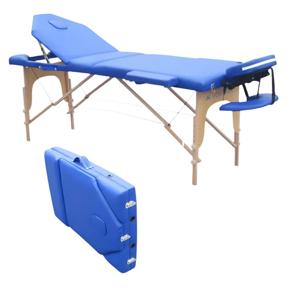 Camilla plegable | Madera | Reposacabezas | Portátil | 186 x 60 cm | Masaje | Azul | CM-01 PLUS | Mobiclinic con Frenos de...