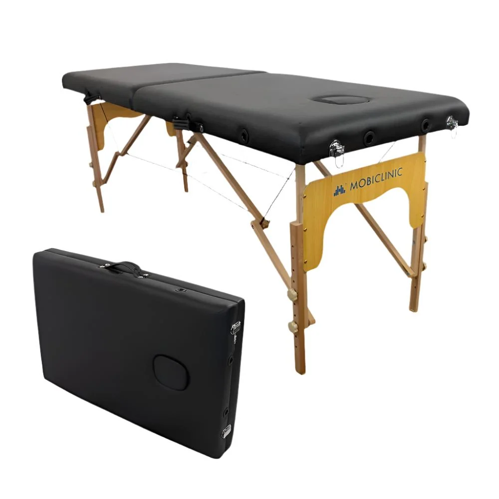 Profesional Certificado Camilla plegable | Madera | Portátil | 180x60 cm | Masaje | Negra | CM-01 BÁSICO | Mobiclinic