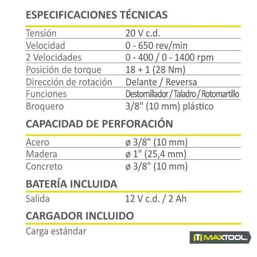 Rotomartillo inalámbrico de 1/2"" / 20v - 2 ah mx maxtool Ensamblado en México
