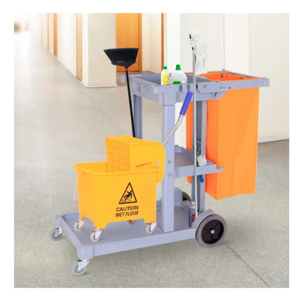 Carro de limpieza profesional Homcom 100L 3 bandejas gris/naranja 96,5x50,5x113 cm con Certificación NSF
