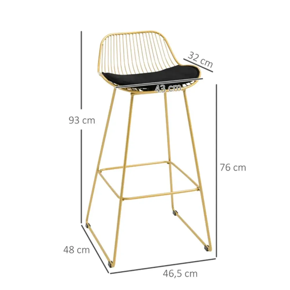 Pack de 2 taburetes altos Homcom con cojín de terciopelo dorado/negro 93x46,5x48 cm