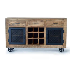 Aparador 3 cajones y 2 puertas de estilo industrial en madera de mango y puertas y ruedas de metálico, Natural de 85x38x15...