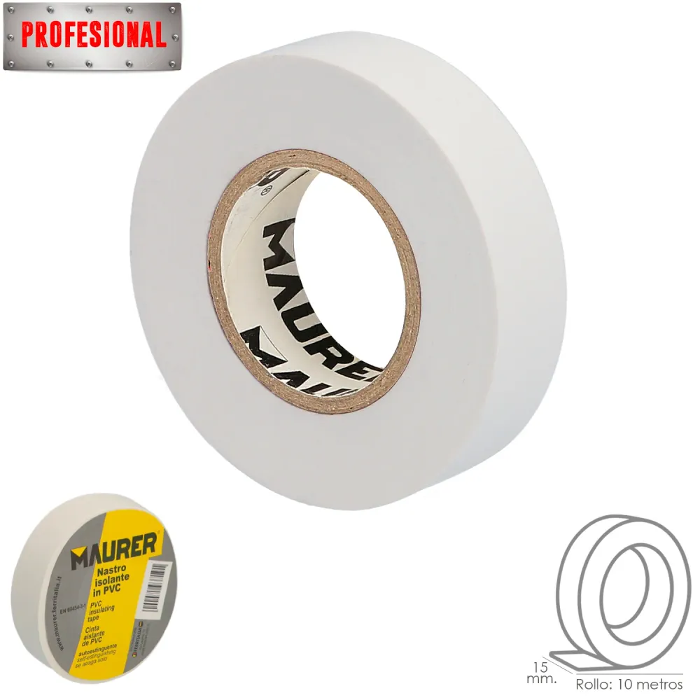 Cinta Aislante, PVC, Profesional, 10 metros x 15 mm. x 0,13 mm espesor. Color Blanca. Rollos de 50 Metros