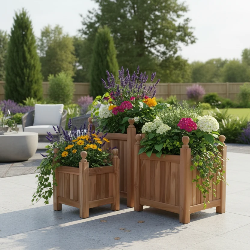 Tekora teak bloembakken set square – 3-delige plantenbakken massief teak