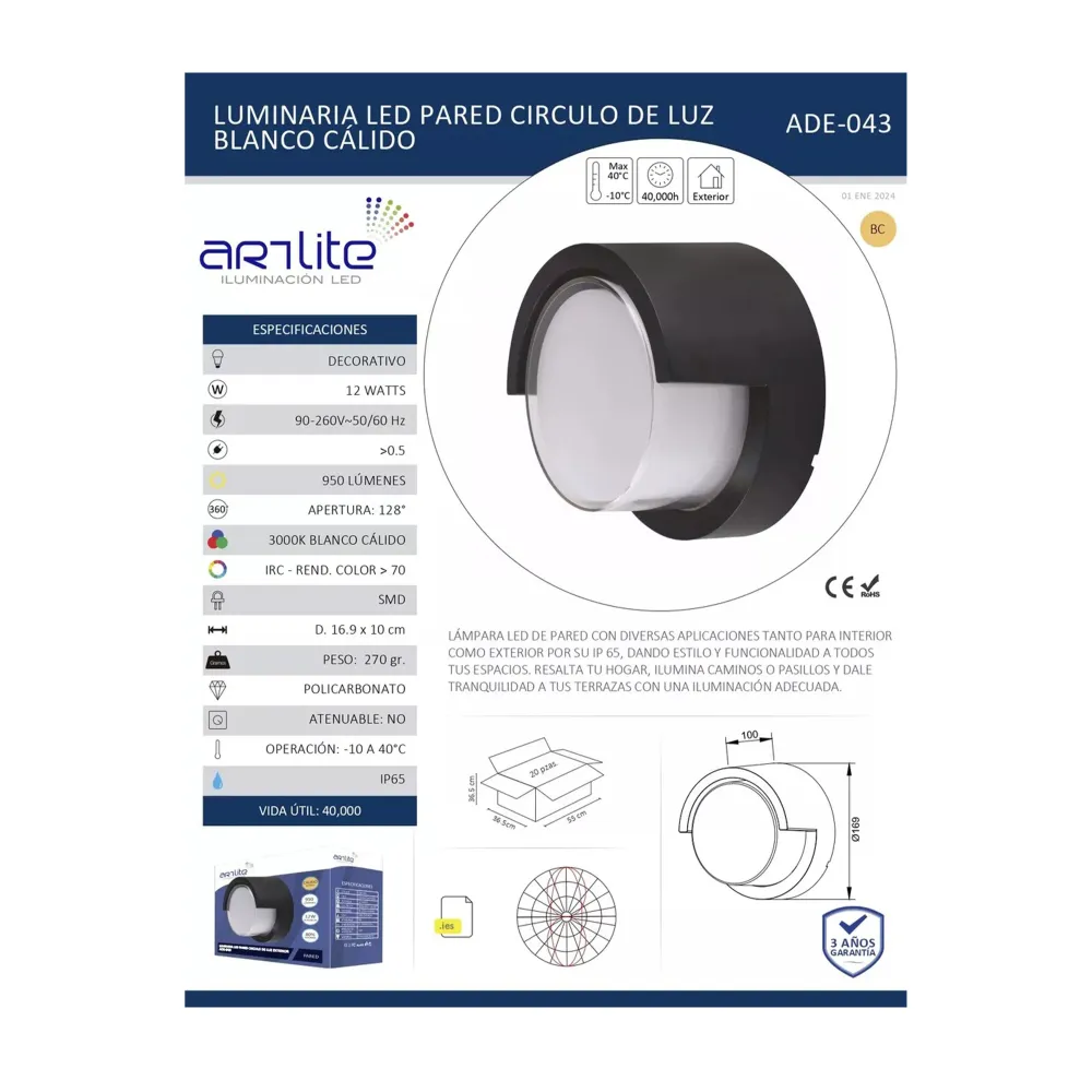 LUMINARIA LED PARED CÍRCULO DE LUZ PC EXTERIOR IP65 ARTLITE ADE-043 para Control de Motores
