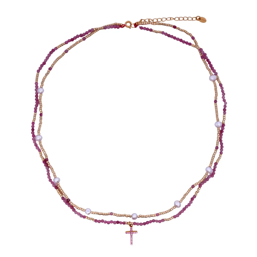 925YG DOUBLE LINE AND CROSS NECKLACE ROSA TOURMALINE