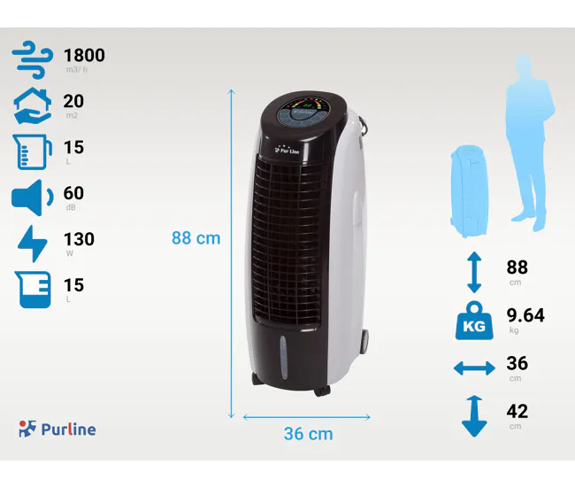 Climatizador evaporativo portátil con panel LED de control digitalizado con 6 velocidades, temporizador (24h) y oscilación...